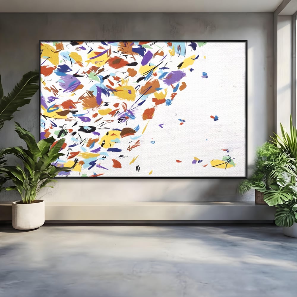 Tablou canvas cu pictura abstracta cu frunze colorate, in rama de aluminiu negru