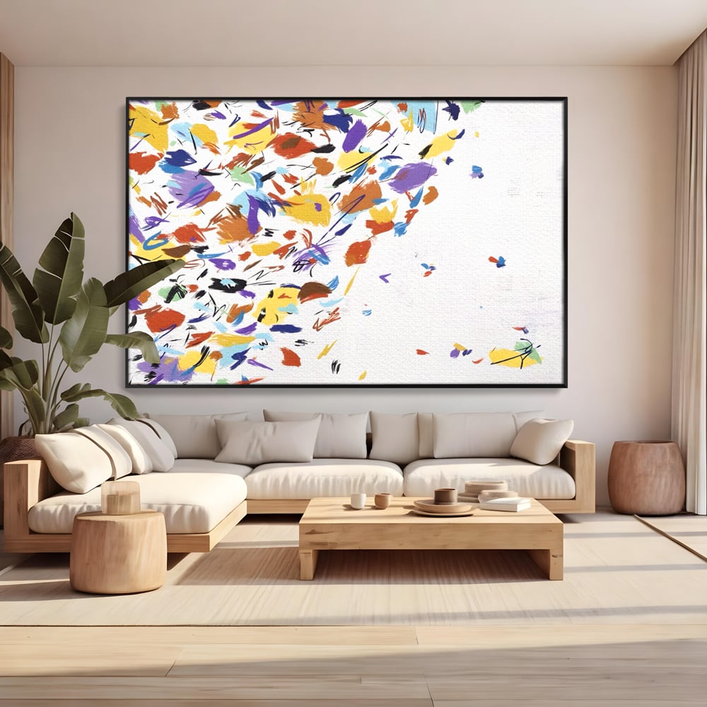 Tablou canvas cu pictura abstracta cu frunze colorate, in rama de aluminiu negru, pe perete intr-un living