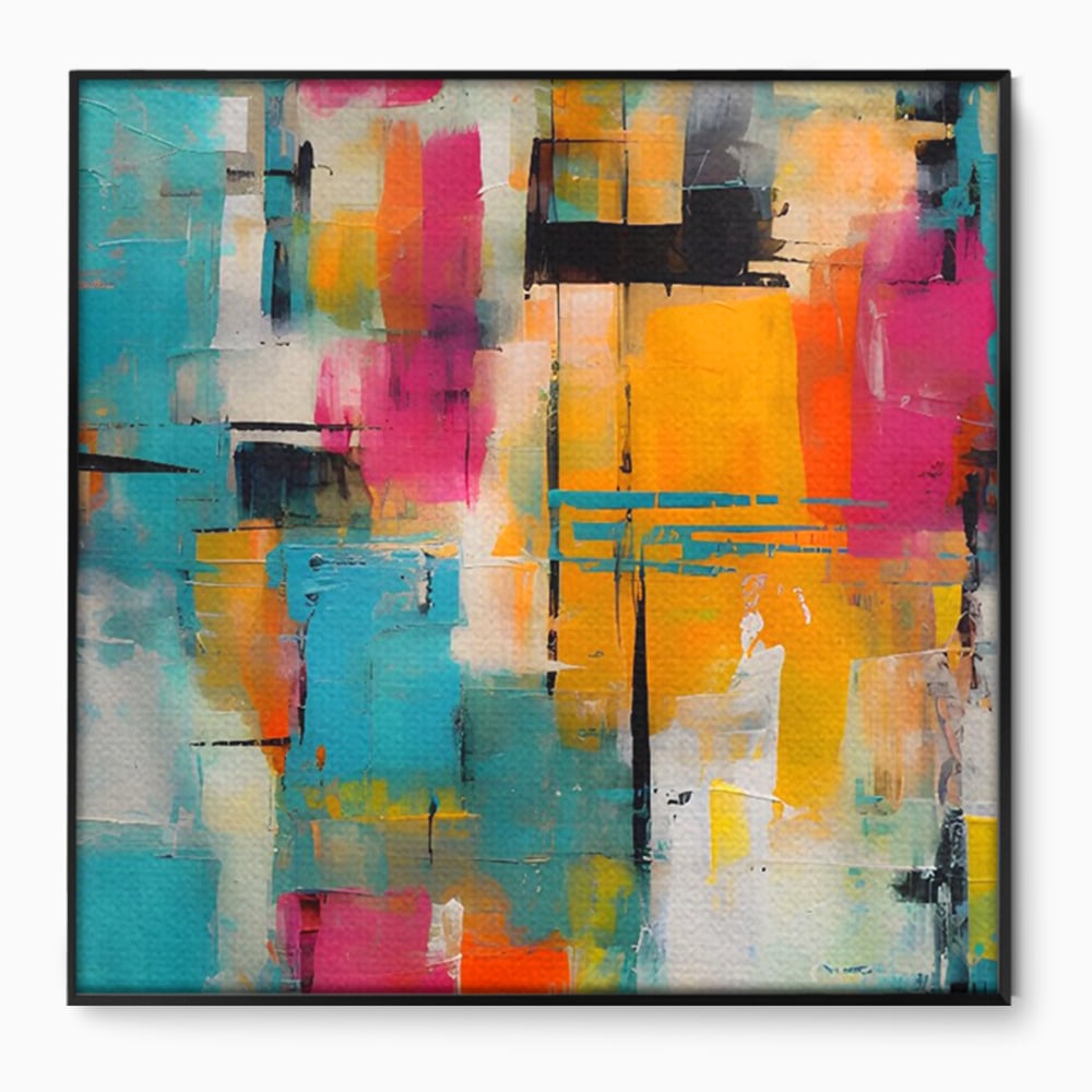 Tablou canvas cu pictura abstracta cu pete de culoare, in rama de aluminiu negru