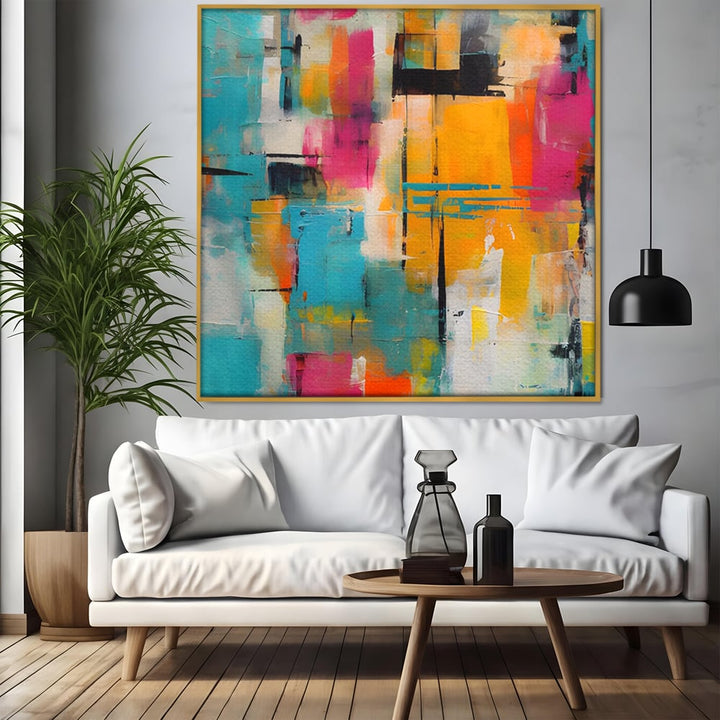 Tablou canvas cu pictura abstracta cu pete de culoare, in rama de aluminiu auriu, pe perete intr-un living