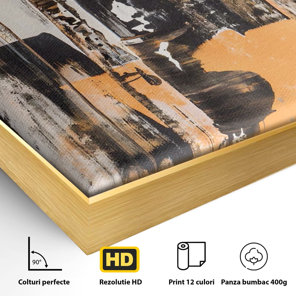 Detaliu al suprafetei: pictura abstracta cu linii si pete, in rama de aluminiu auriu