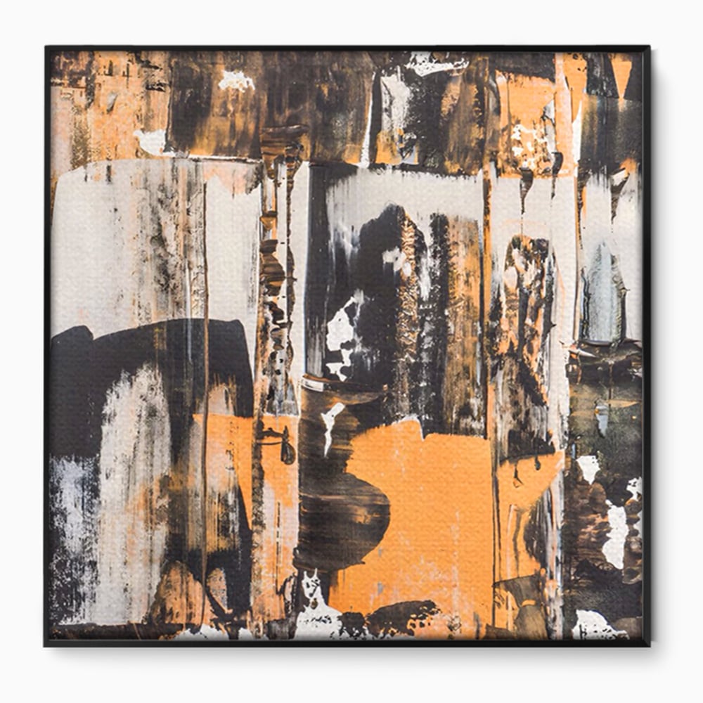 Tablou canvas cu pictura abstracta cu linii si pete, in rama de aluminiu negru