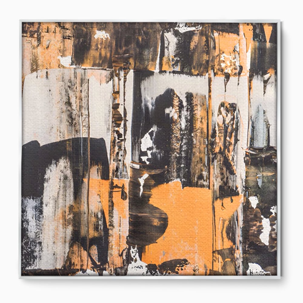 Tablou canvas cu pictura abstracta cu linii si pete, in rama de aluminiu argintiu