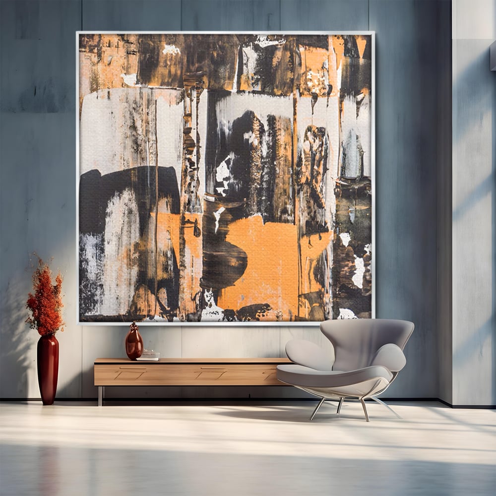 Tablou canvas cu pictura abstracta cu linii si pete, in rama de aluminiu argintiu
