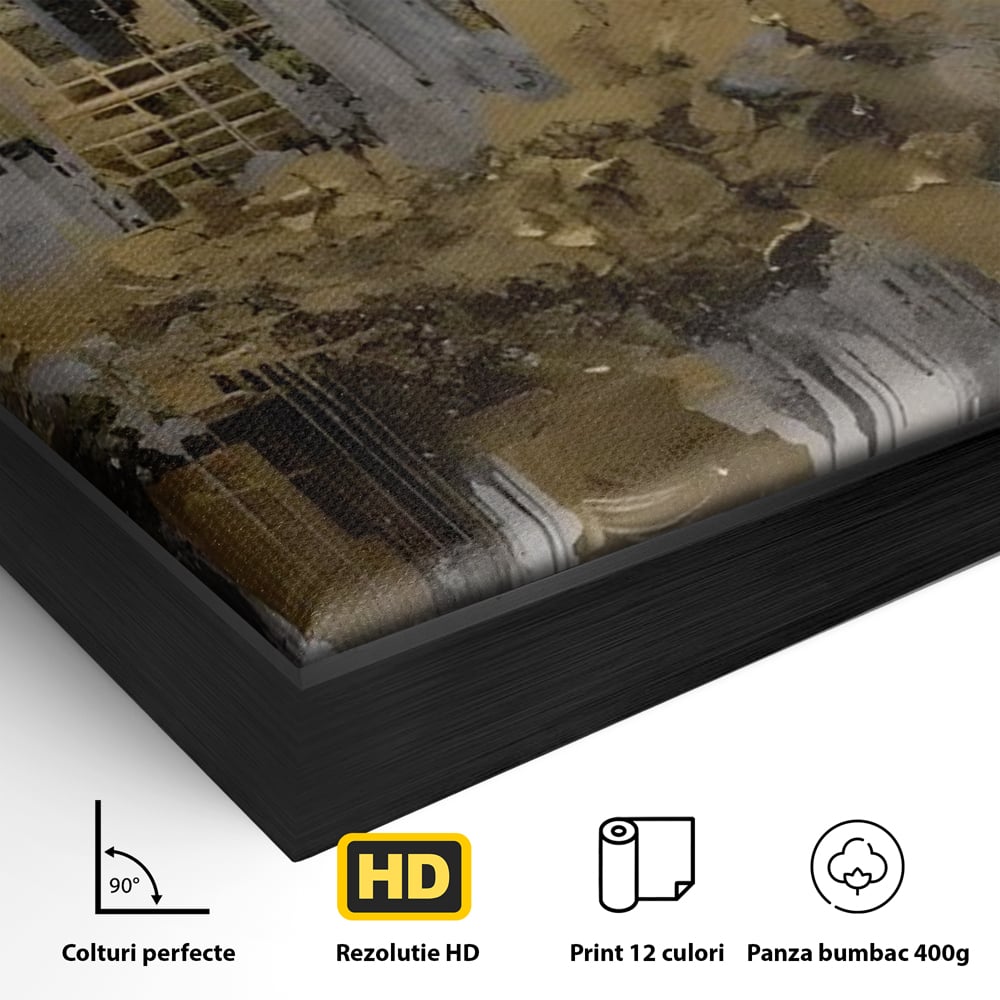 Detaliu al suprafetei: tablou canvas cu zgarie-nori aurii, in rama de aluminiu negru