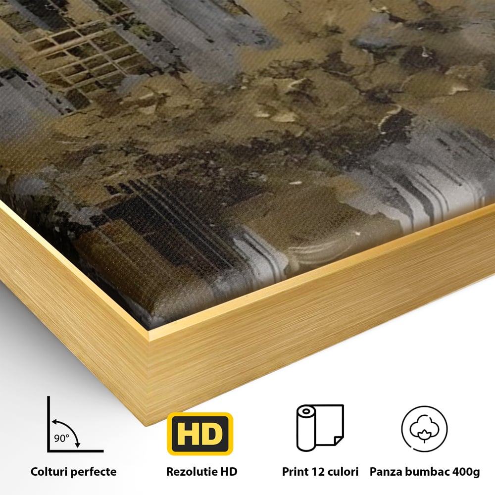 Detaliu al suprafetei: tablou canvas cu zgarie-nori aurii, in rama de aluminiu auriu