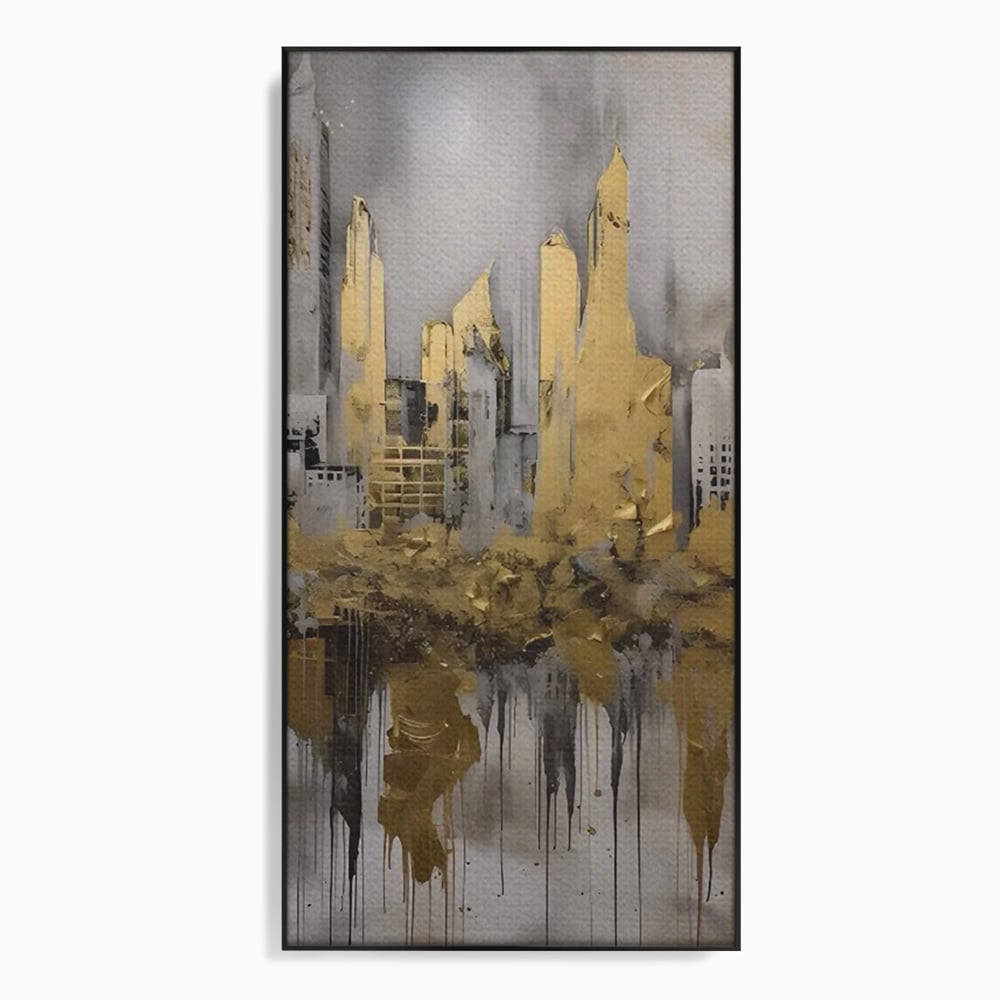 Tablou canvas cu tablou canvas cu zgarie-nori aurii, in rama de aluminiu negru