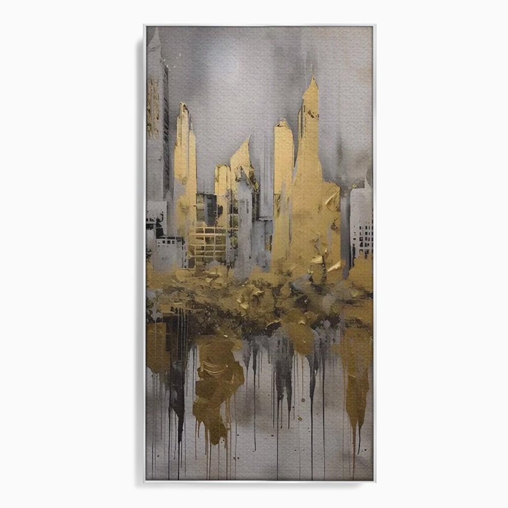 Tablou canvas cu tablou canvas cu zgarie-nori aurii, in rama de aluminiu argintiu