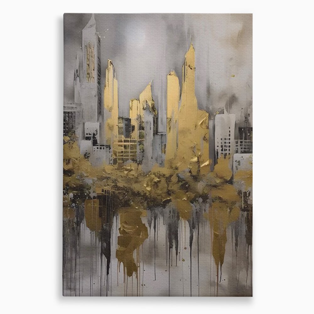 Tablou canvas cu tablou canvas cu zgarie-nori aurii, fara rama, pe sasiu de lemn