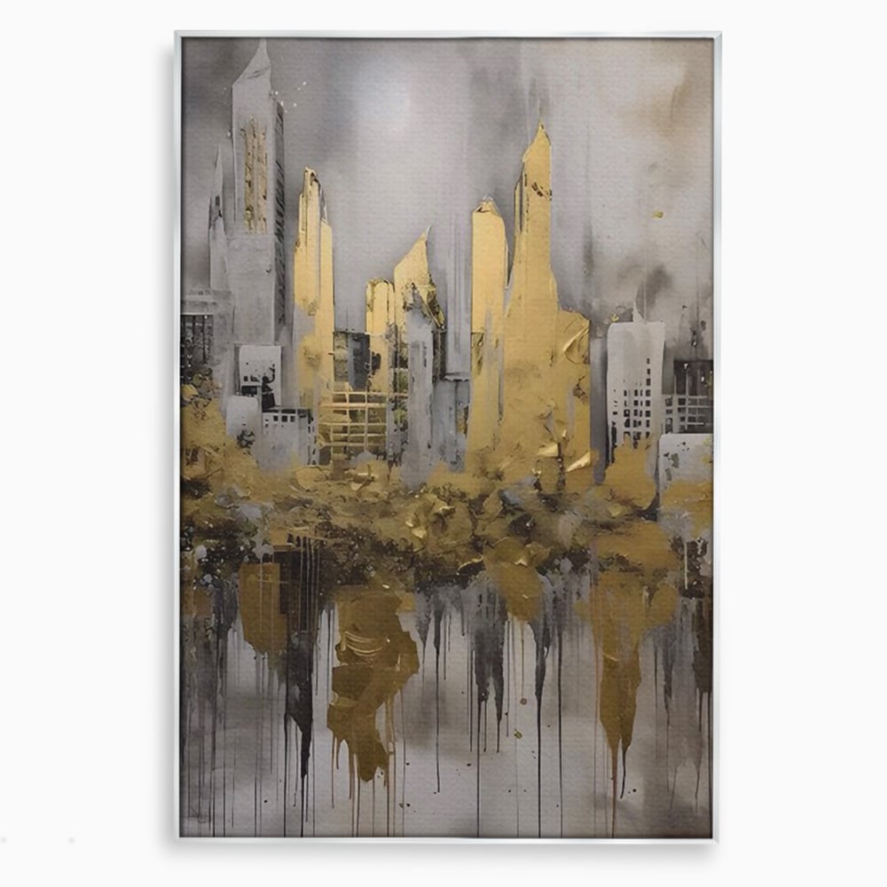 Tablou canvas cu tablou canvas cu zgarie-nori aurii, in rama de aluminiu argintiu