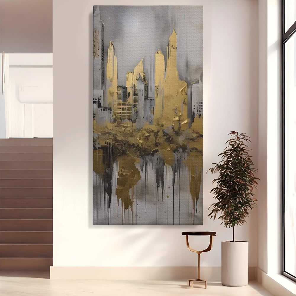 Tablou canvas cu tablou canvas cu zgarie-nori aurii, fara rama, pe sasiu de lemn