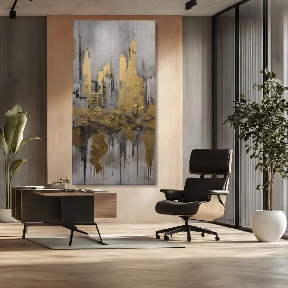 Tablou canvas cu tablou canvas cu zgarie-nori aurii, fara rama, pe sasiu de lemn, pe perete intr-un birou