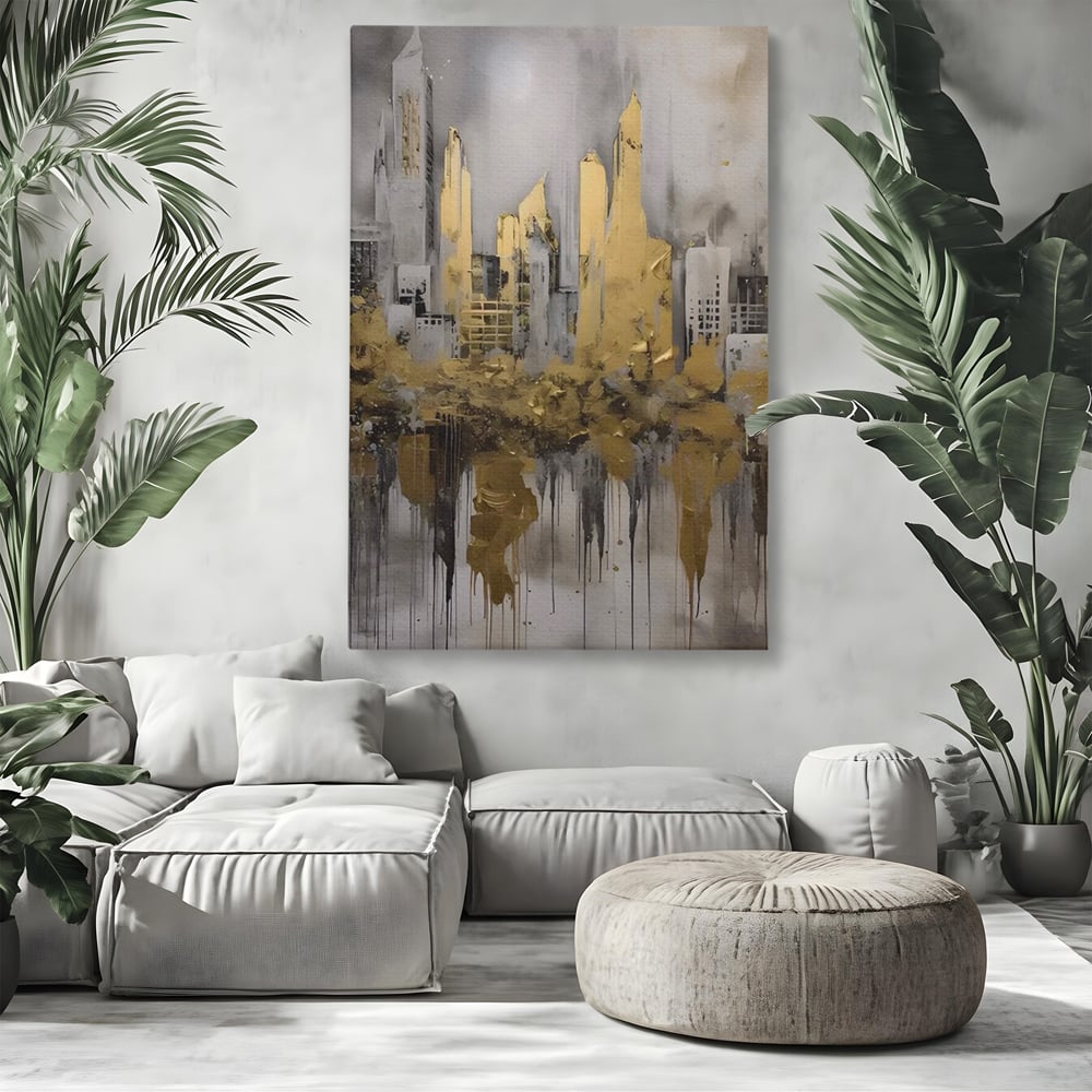 Tablou canvas cu tablou canvas cu zgarie-nori aurii, fara rama, pe sasiu de lemn, pe perete intr-un living