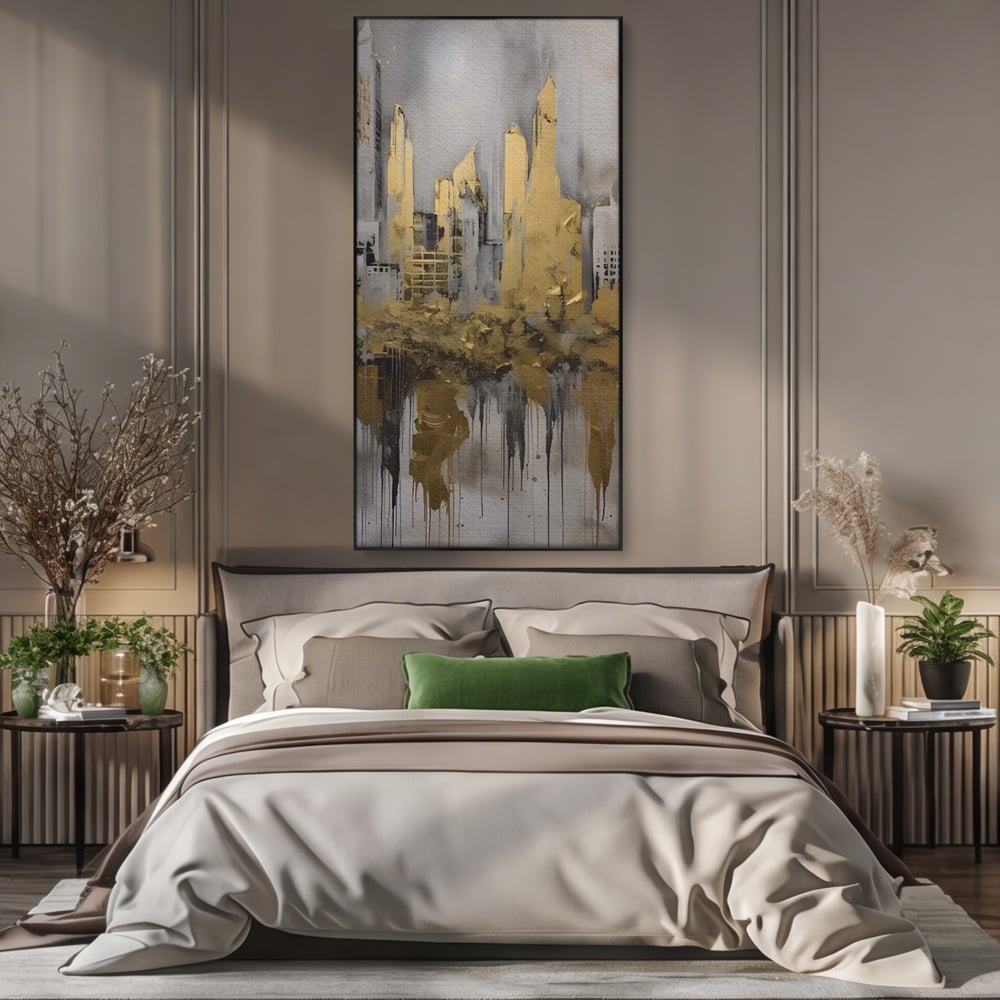 Tablou canvas cu tablou canvas cu zgarie-nori aurii, in rama de aluminiu negru, pe perete intr-un dormitor