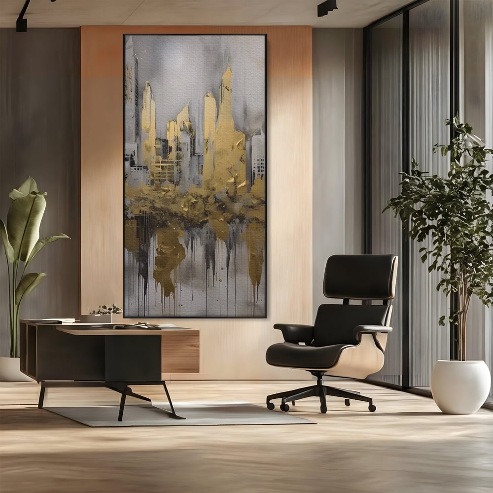 Tablou canvas cu tablou canvas cu zgarie-nori aurii, in rama de aluminiu negru, pe perete intr-un birou