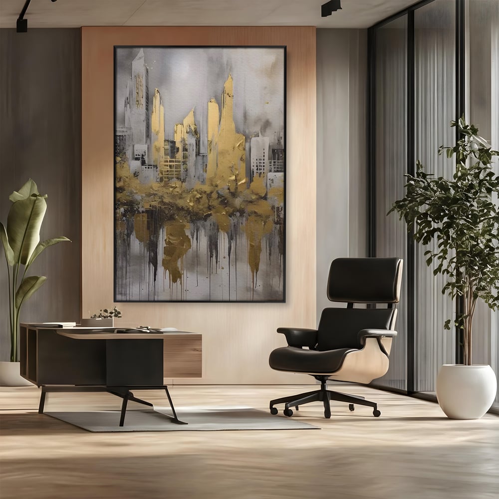 Tablou canvas cu tablou canvas cu zgarie-nori aurii, in rama de aluminiu negru, pe perete intr-un birou