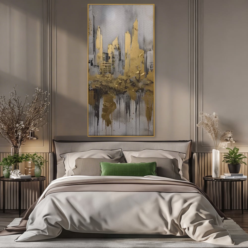 Tablou canvas cu tablou canvas cu zgarie-nori aurii, in rama de aluminiu auriu, pe perete intr-un dormitor