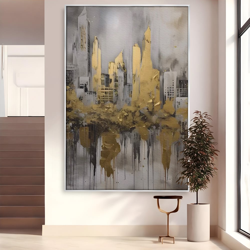 Tablou canvas cu tablou canvas cu zgarie-nori aurii, in rama de aluminiu argintiu