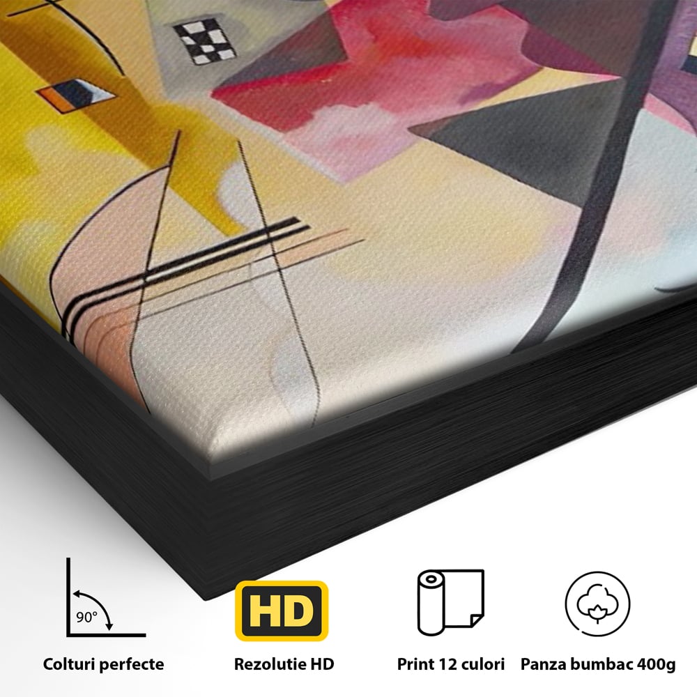 Detaliu al suprafetei: pictura abstracta cu forme geometriche si linii, in rama de aluminiu negru
