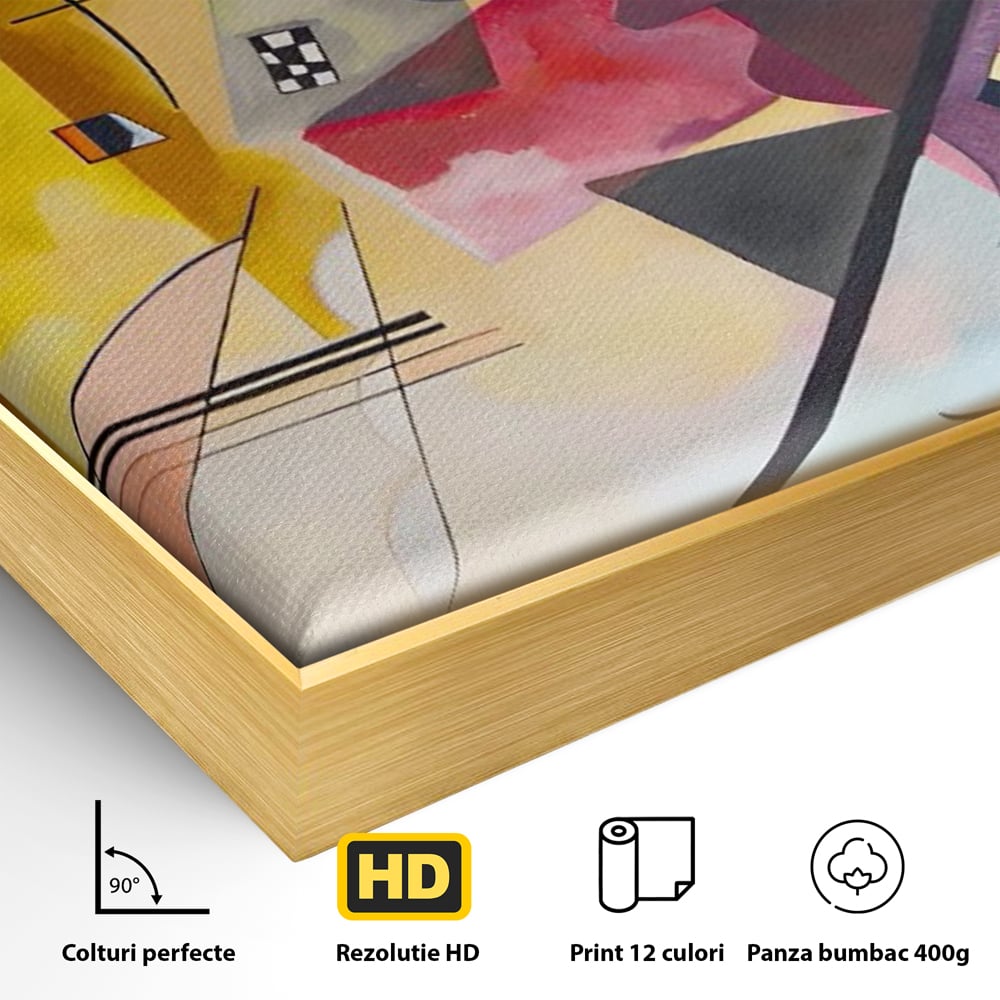 Detaliu al suprafetei: pictura abstracta cu forme geometriche si linii, in rama de aluminiu auriu