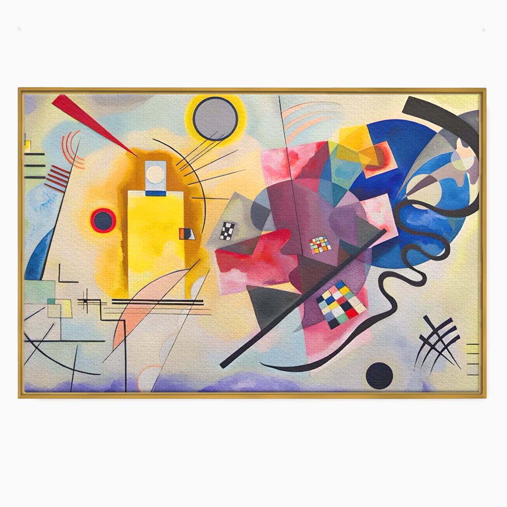 Tablou canvas cu pictura abstracta cu forme geometriche si linii, in rama de aluminiu auriu