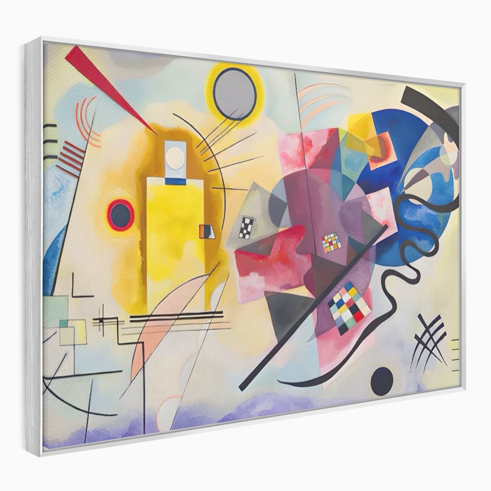 Tablou canvas cu pictura abstracta cu forme geometriche si linii, in rama de aluminiu argintiu