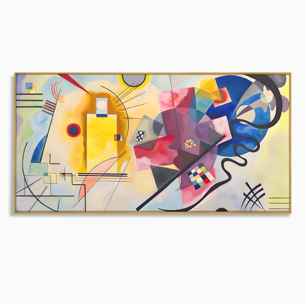 Tablou canvas cu pictura abstracta cu forme geometriche si linii, in rama de aluminiu auriu