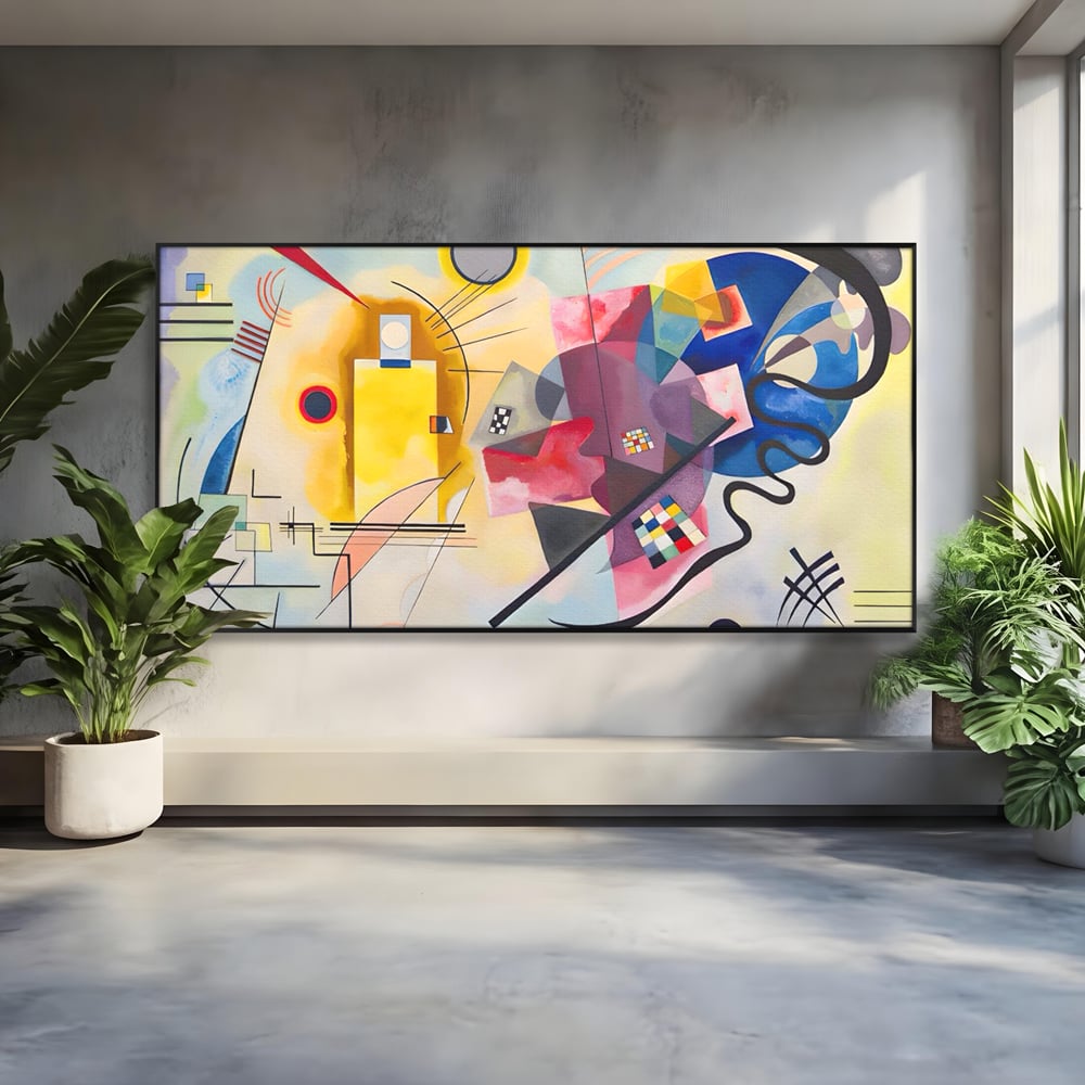 Tablou canvas cu pictura abstracta cu forme geometriche si linii, in rama de aluminiu negru