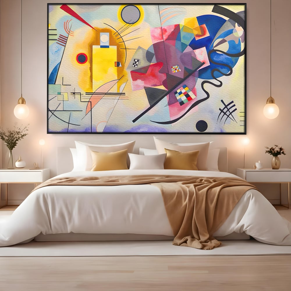 Tablou canvas cu pictura abstracta cu forme geometriche si linii, in rama de aluminiu negru, pe perete intr-un dormitor