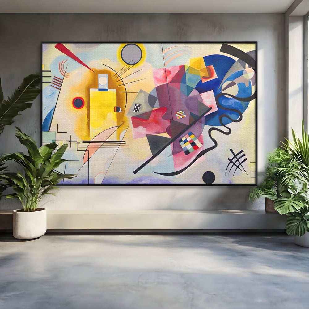 Tablou canvas cu pictura abstracta cu forme geometriche si linii, in rama de aluminiu negru