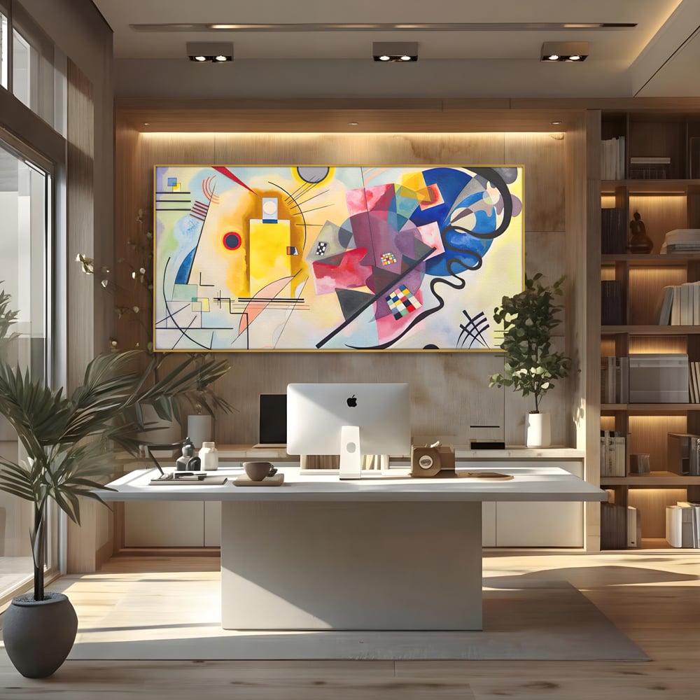Tablou canvas cu pictura abstracta cu forme geometriche si linii, in rama de aluminiu auriu, pe perete intr-un birou