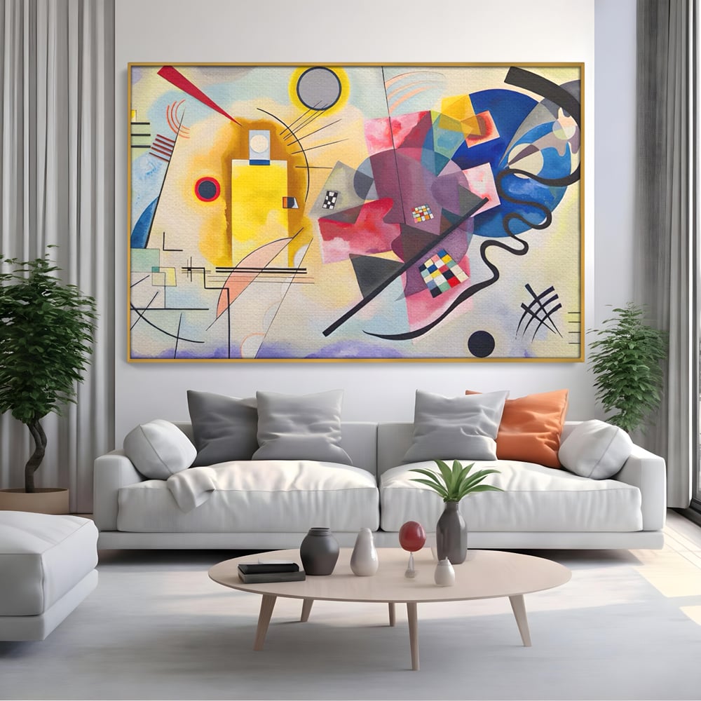 Tablou canvas cu pictura abstracta cu forme geometriche si linii, in rama de aluminiu auriu, pe perete intr-un living