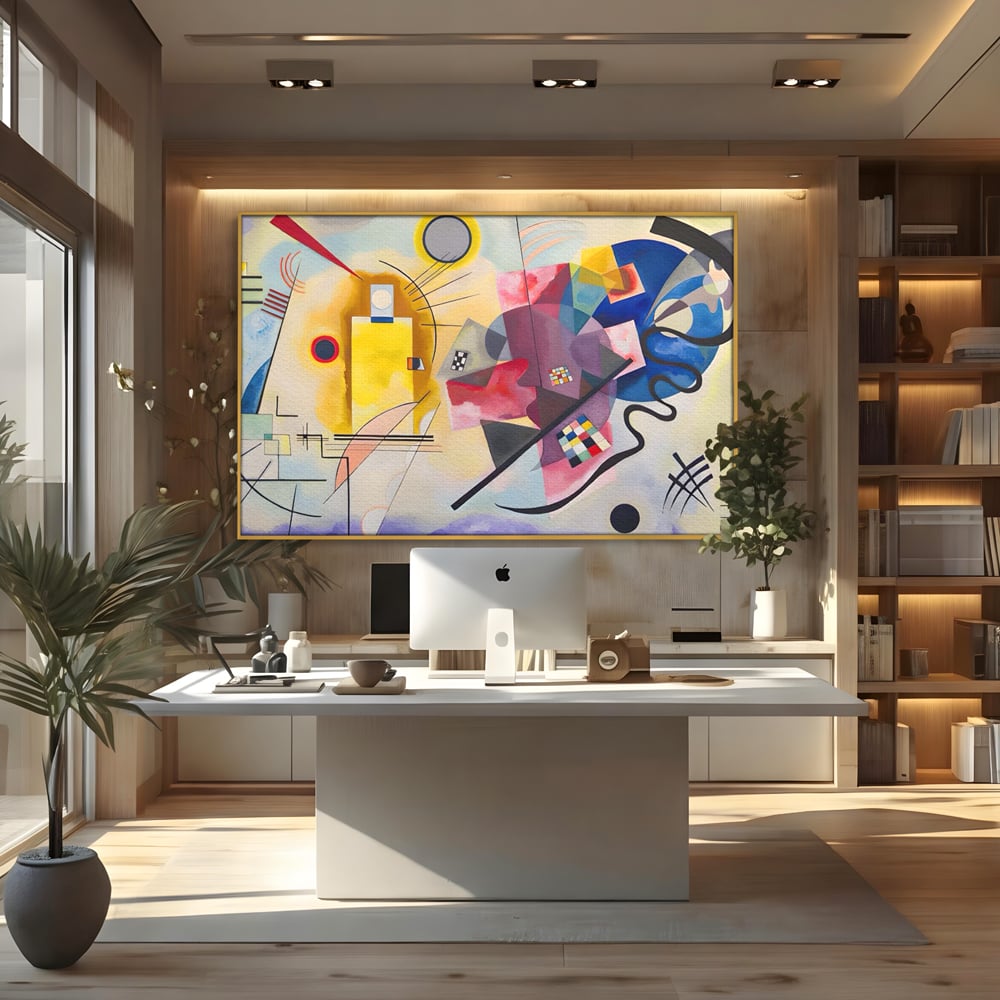 Tablou canvas cu pictura abstracta cu forme geometriche si linii, in rama de aluminiu auriu, pe perete intr-un birou