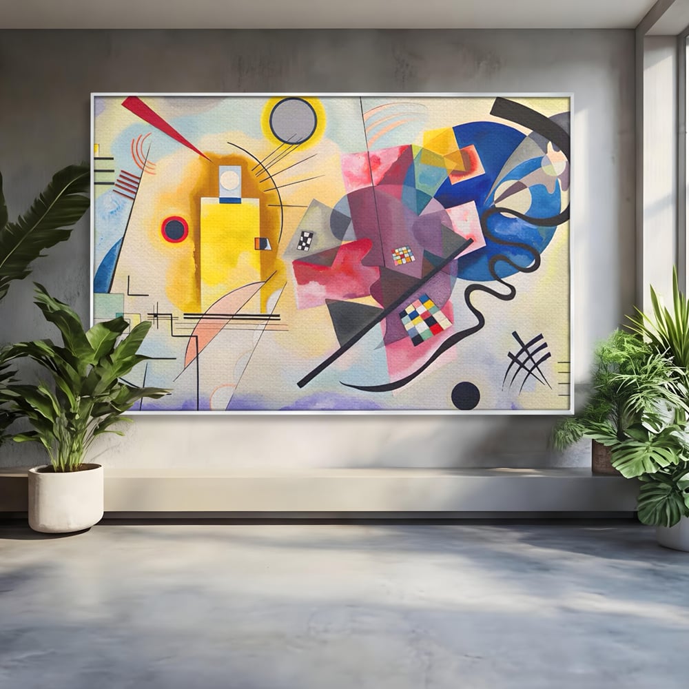 Tablou canvas cu pictura abstracta cu forme geometriche si linii, in rama de aluminiu argintiu