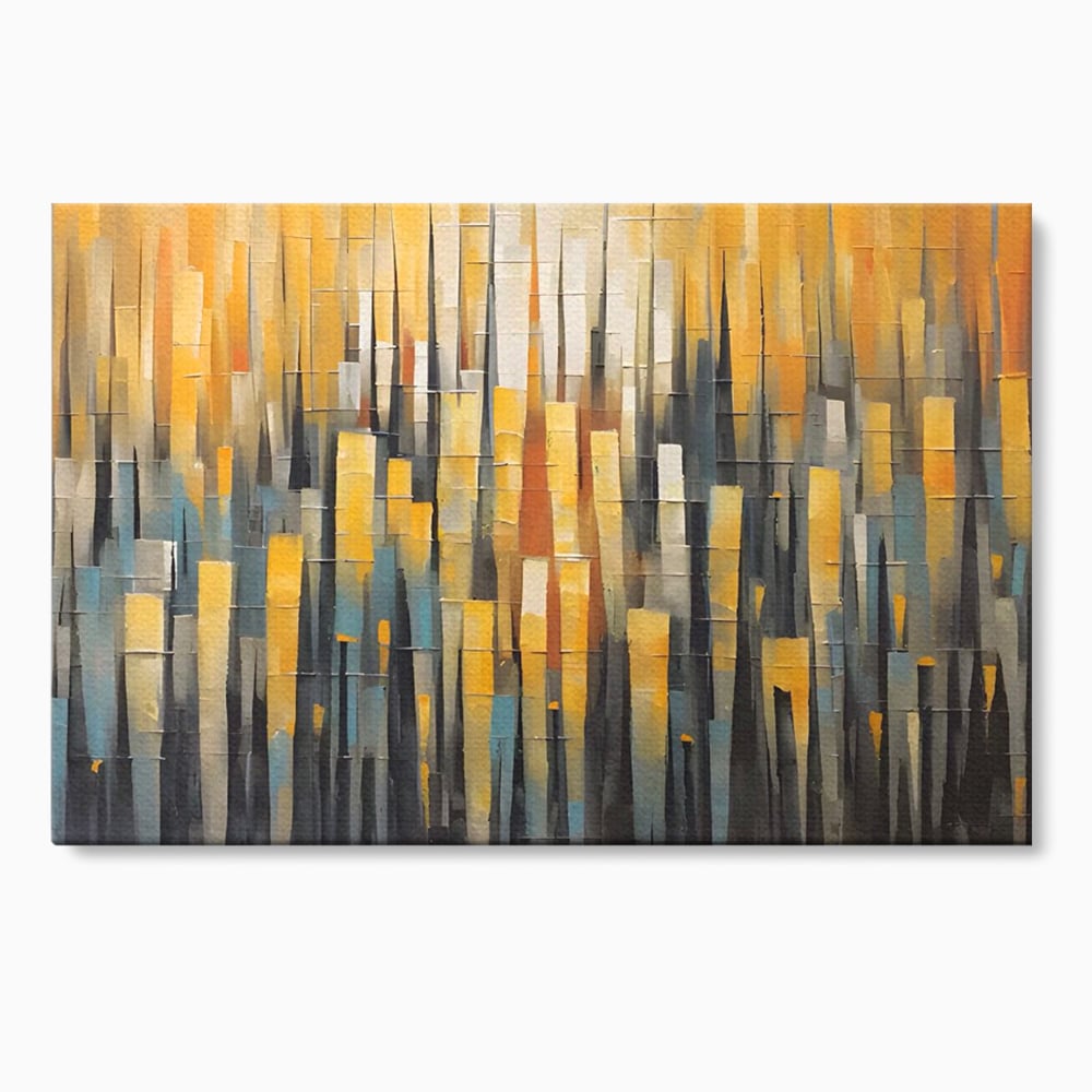 Tablou canvas cu pictura abstracta cu dungi verticale aurii, fara rama, pe sasiu de lemn