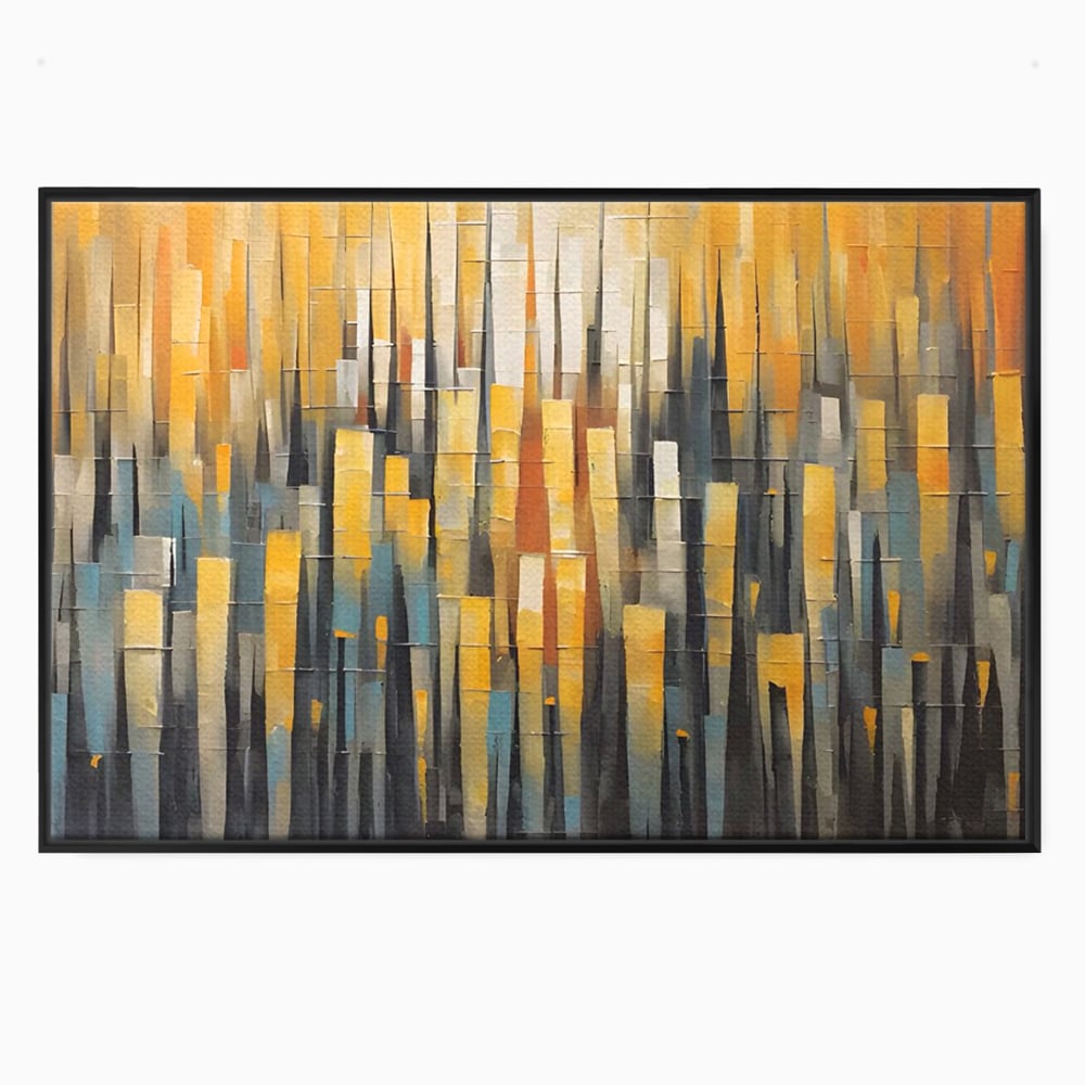 Tablou canvas cu pictura abstracta cu dungi verticale aurii, in rama de aluminiu negru