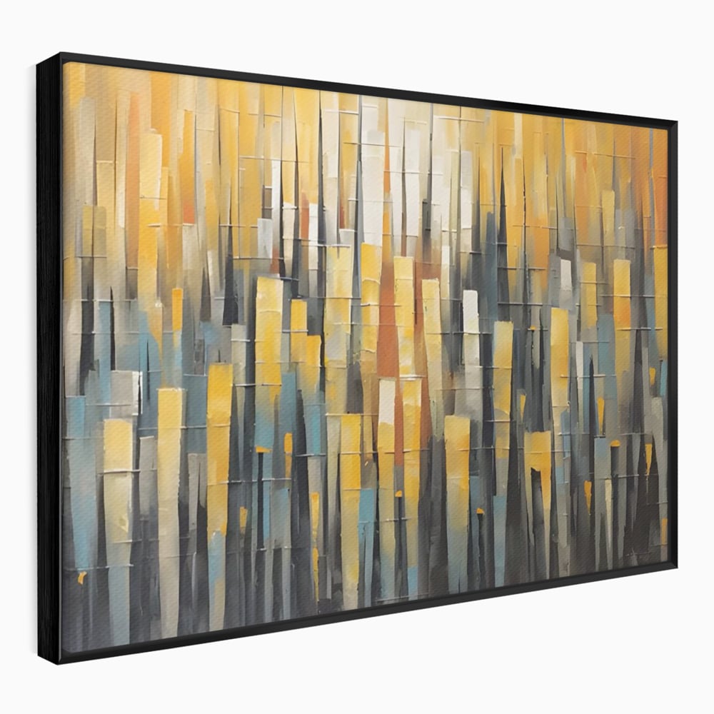 Tablou canvas cu pictura abstracta cu dungi verticale aurii, in rama de aluminiu negru