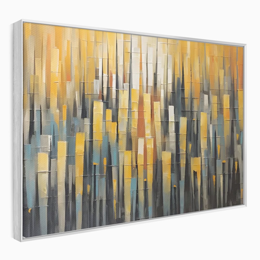 Tablou canvas cu pictura abstracta cu dungi verticale aurii, in rama de aluminiu argintiu