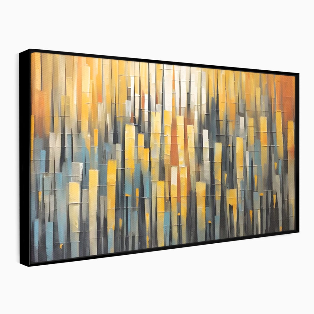 Tablou canvas cu pictura abstracta cu dungi verticale aurii, in rama de aluminiu negru