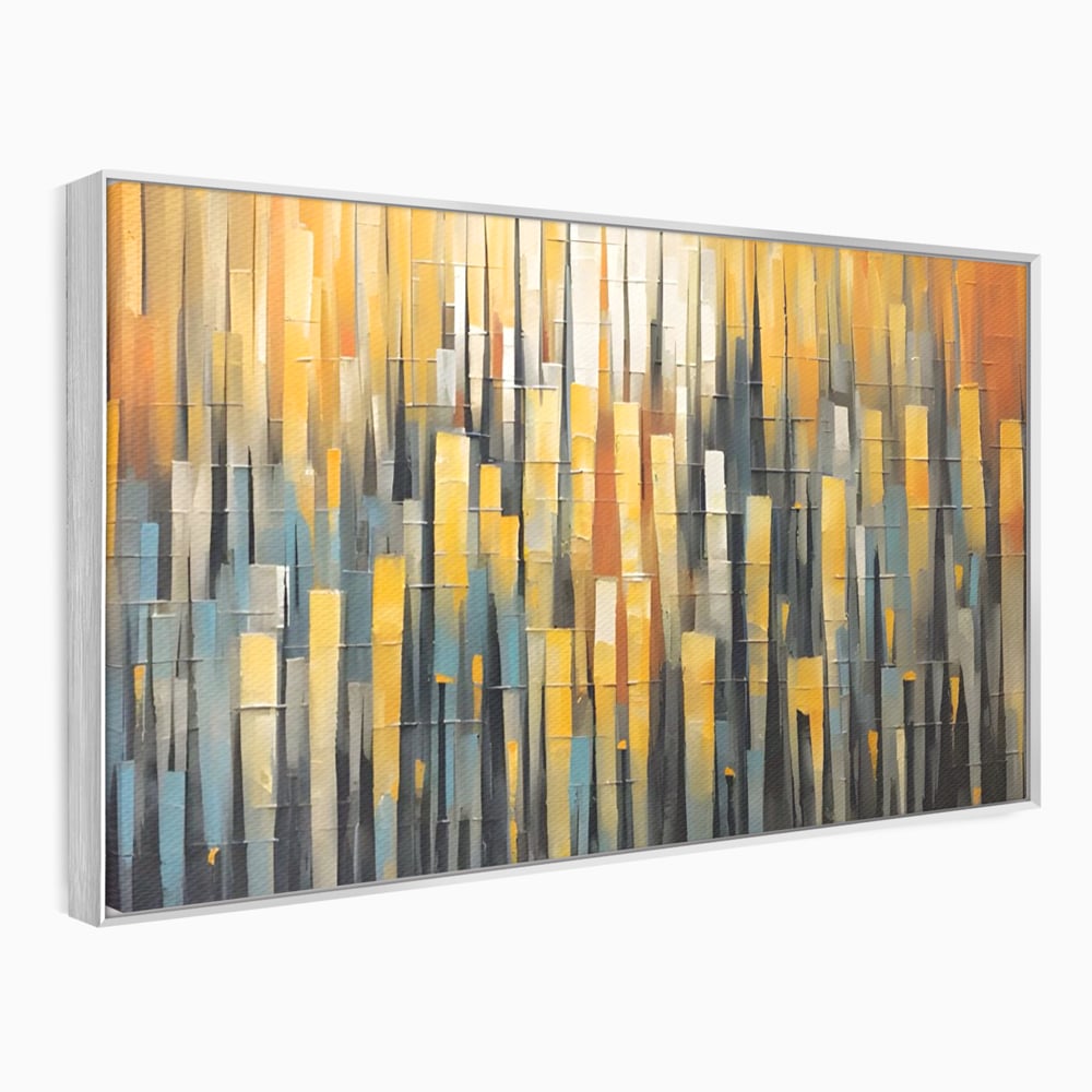 Tablou canvas cu pictura abstracta cu dungi verticale aurii, in rama de aluminiu argintiu
