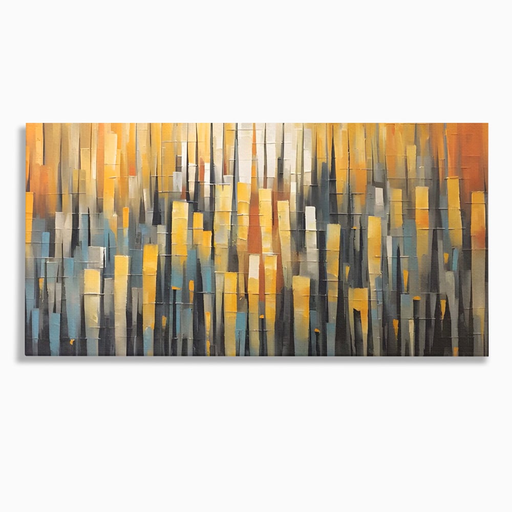Tablou canvas cu pictura abstracta cu dungi verticale aurii, fara rama, pe sasiu de lemn