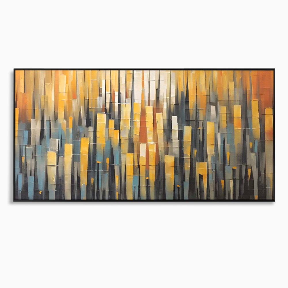 Tablou canvas cu pictura abstracta cu dungi verticale aurii, in rama de aluminiu negru