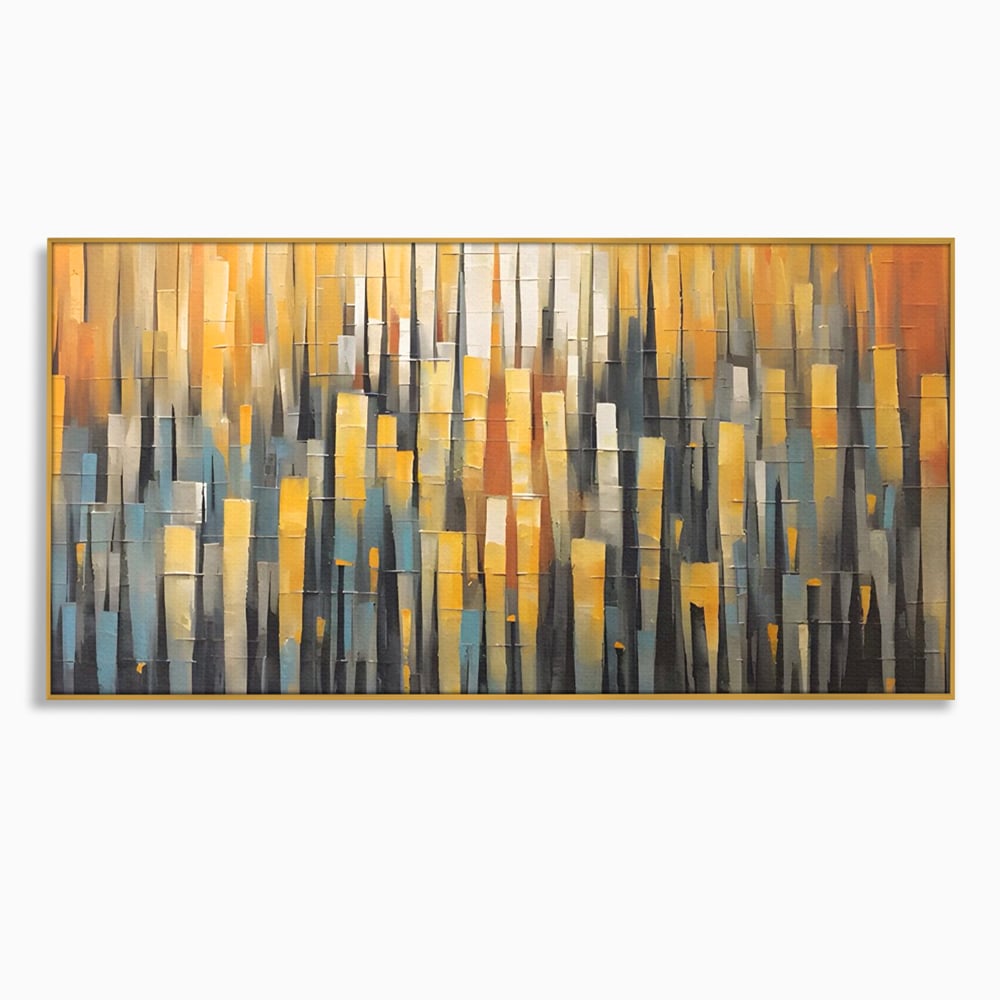 Tablou canvas cu pictura abstracta cu dungi verticale aurii, in rama de aluminiu auriu