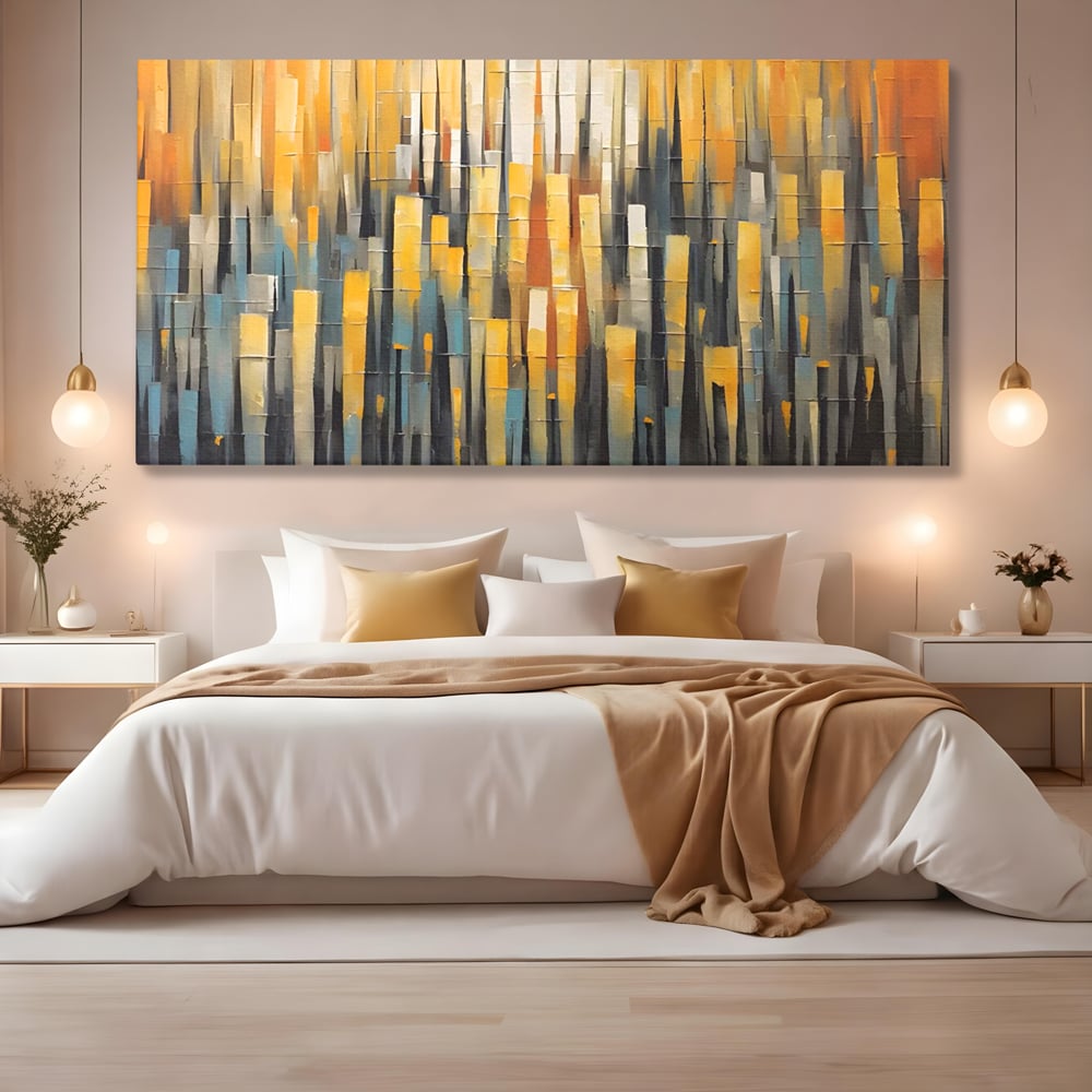 Tablou canvas cu pictura abstracta cu dungi verticale aurii, fara rama, pe sasiu de lemn, pe perete intr-un dormitor