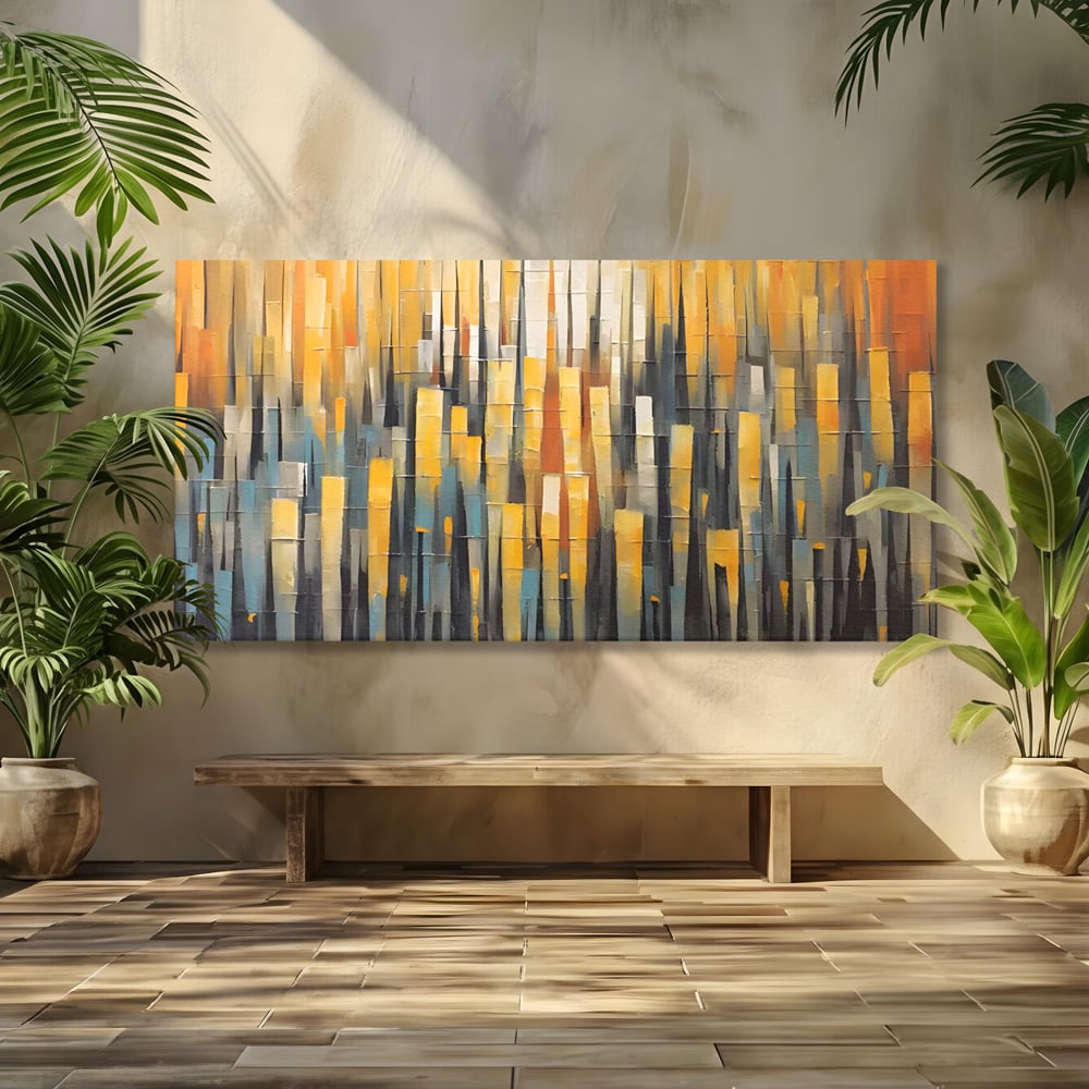 Tablou canvas cu pictura abstracta cu dungi verticale aurii, fara rama, pe sasiu de lemn