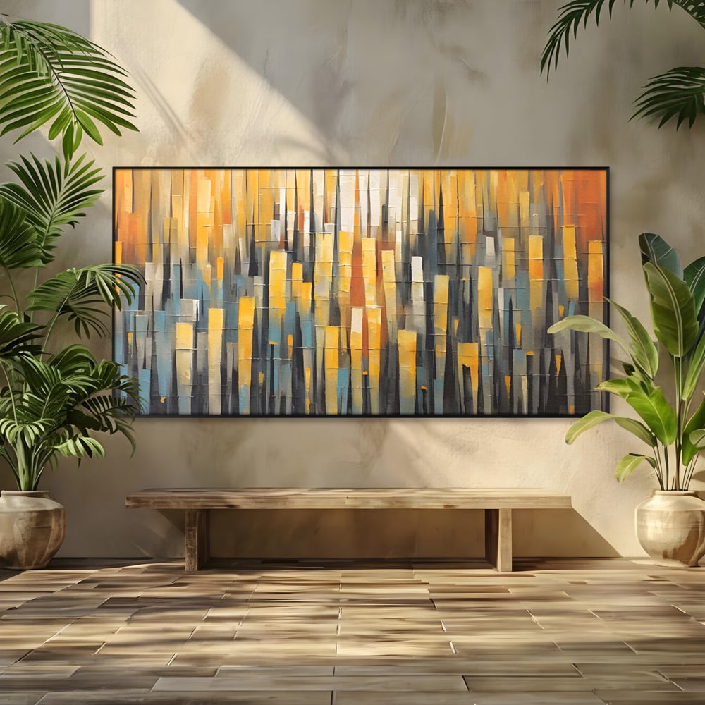 Tablou canvas cu pictura abstracta cu dungi verticale aurii, in rama de aluminiu negru
