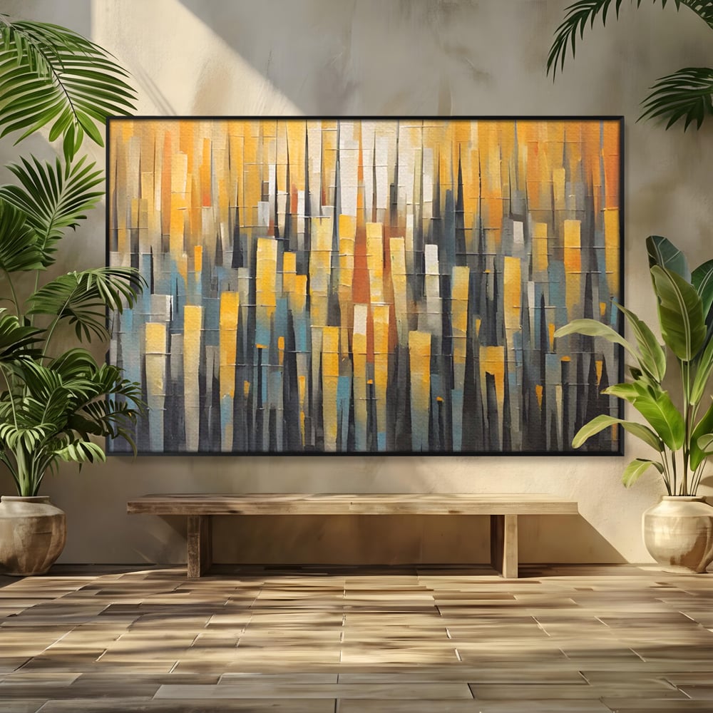 Tablou canvas cu pictura abstracta cu dungi verticale aurii, in rama de aluminiu negru
