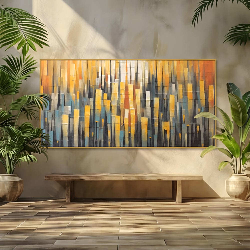 Tablou canvas cu pictura abstracta cu dungi verticale aurii, in rama de aluminiu auriu