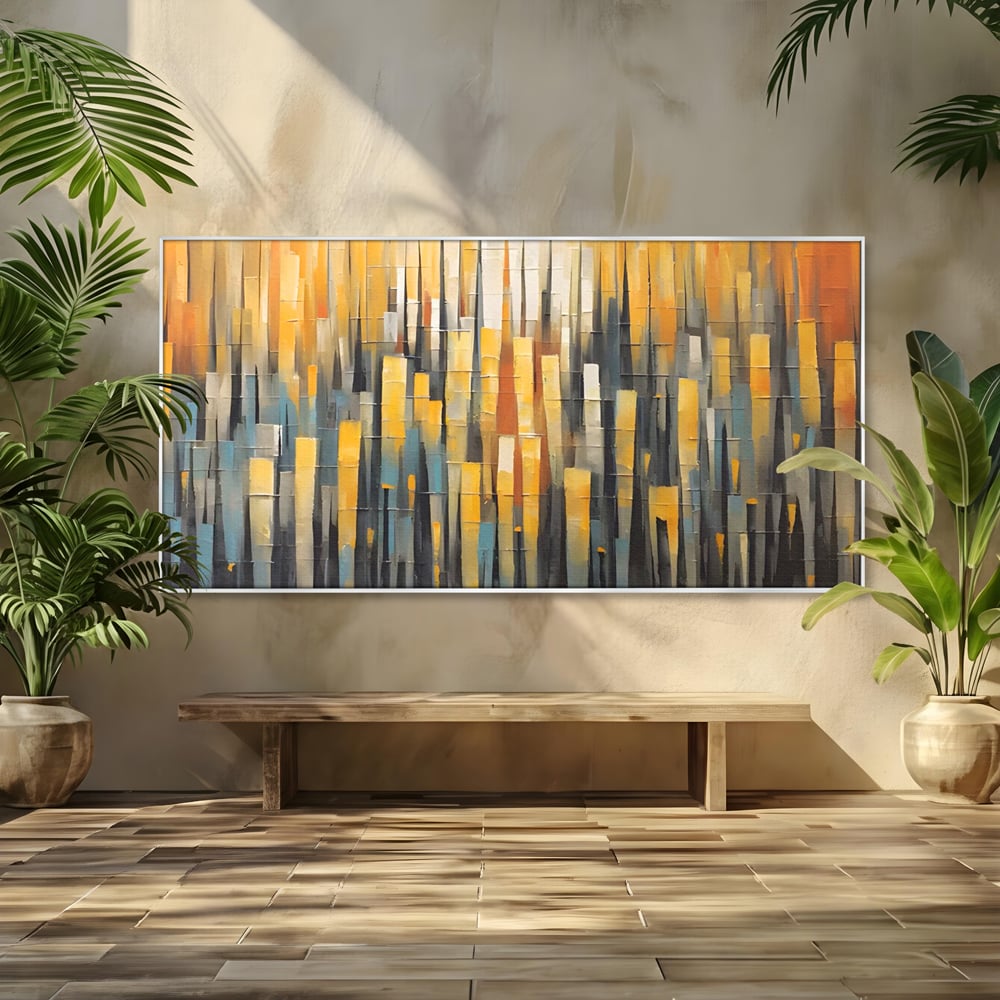 Tablou canvas cu pictura abstracta cu dungi verticale aurii, in rama de aluminiu argintiu