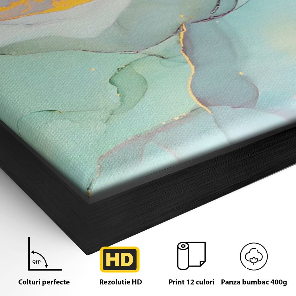 Detaliu al suprafetei: pictura abstracta cu efect de marmura colorata, in rama de aluminiu negru